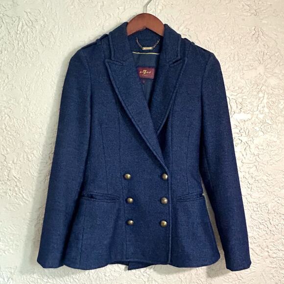 7 For All Mankind XS Wool Blend Blue Double Breasted Button Down Blazer Jacket - Picture 8 of 16